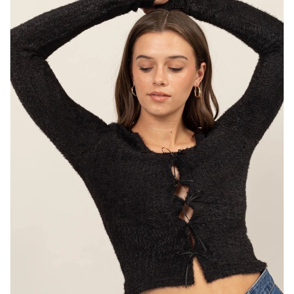 HYFVE Black Bows-Up-the-Front Fuzzy  Sweater